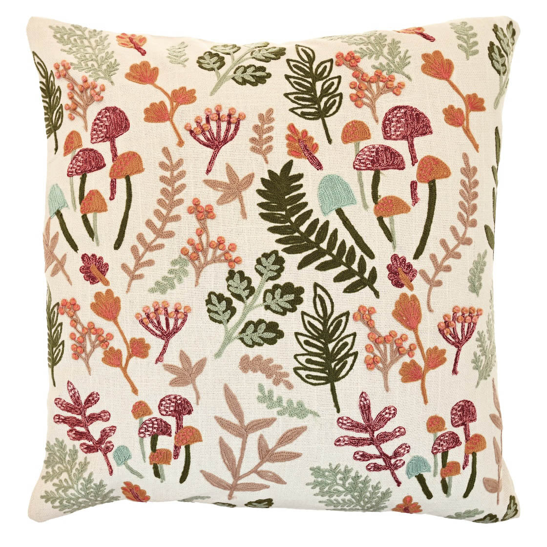Square cream cushion with embroidered autumn-toned mushrooms, green ferns and forest foliage