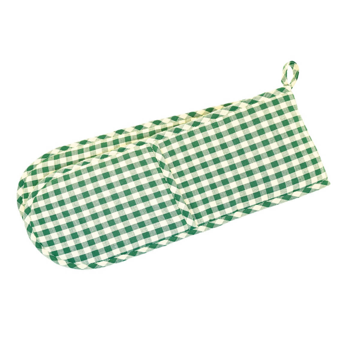 Green and white gingham check double oven glove with hanging loop on a white background