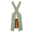 Back view of a foliage green gingham apron showing the cross-back strap design on a mannequin