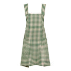 Front view of a foliage green and white gingham cross-back apron showing two large front pockets