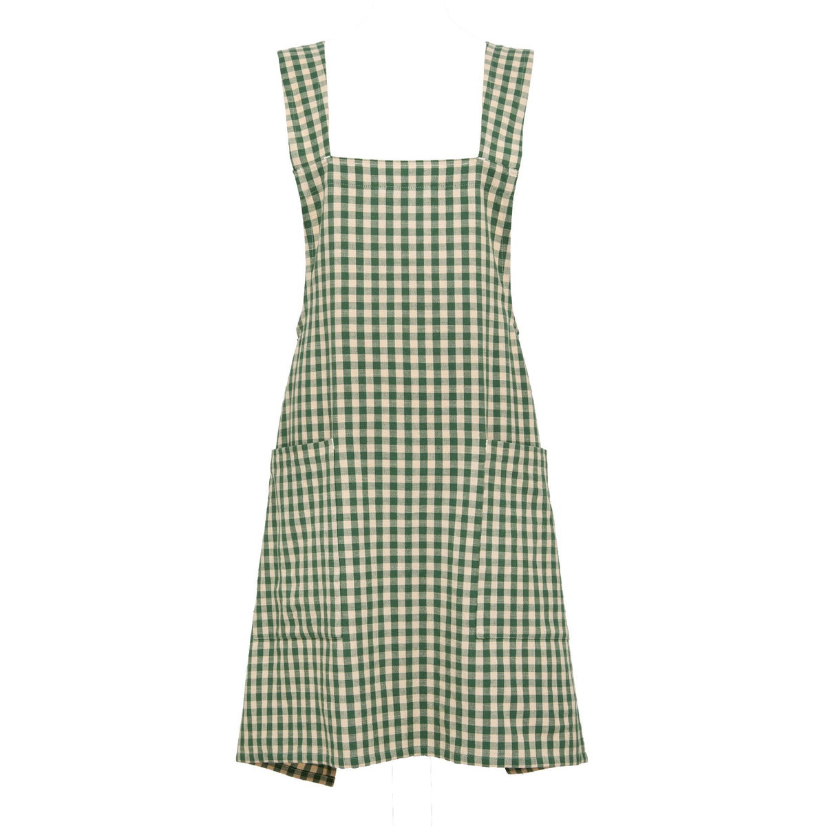 Front view of a foliage green and white gingham cross-back apron showing two large front pockets
