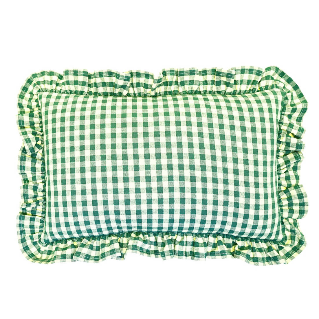 Rectangular foliage green and white gingham linen cushion with ruffled and frayed edges against a white background.