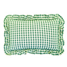 Rectangular foliage green and white gingham linen cushion with ruffled and frayed edges against a white background.