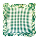 Green and white gingham linen cushion with a ruffled and frayed border on a white background