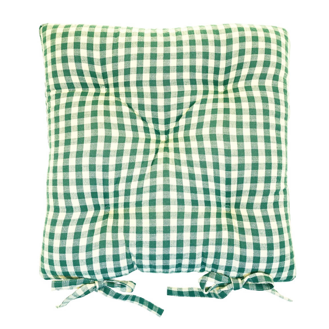 Square foliage green and cream gingham seat pad with circular stitched tucks and integrated fabric ties.