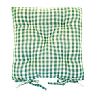 Square foliage green and cream gingham seat pad with circular stitched tucks and integrated fabric ties.