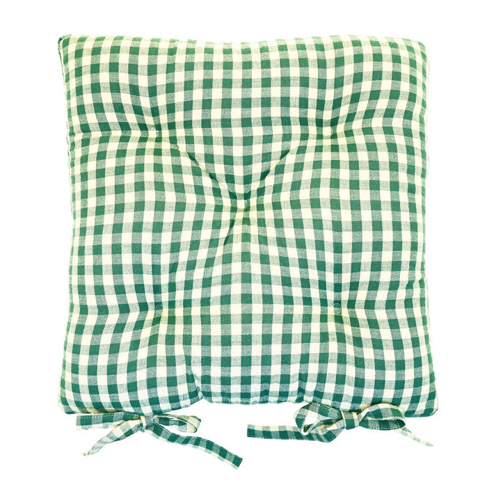 Square foliage green and cream gingham seat pad with circular stitched tucks and integrated fabric ties.