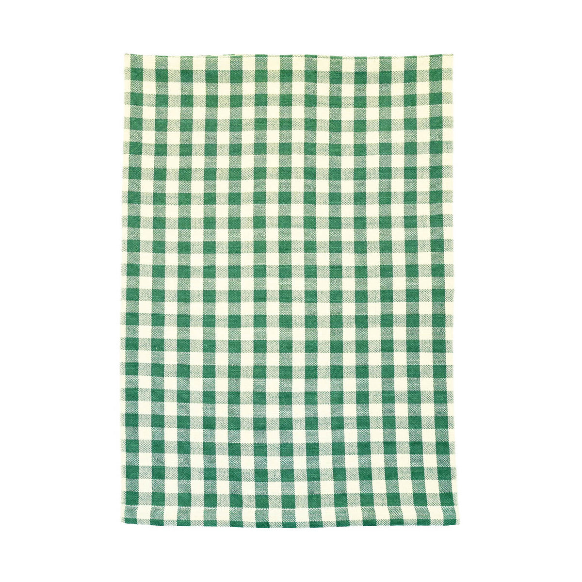 Single foliage green and white gingham check cotton tea towel shown flat