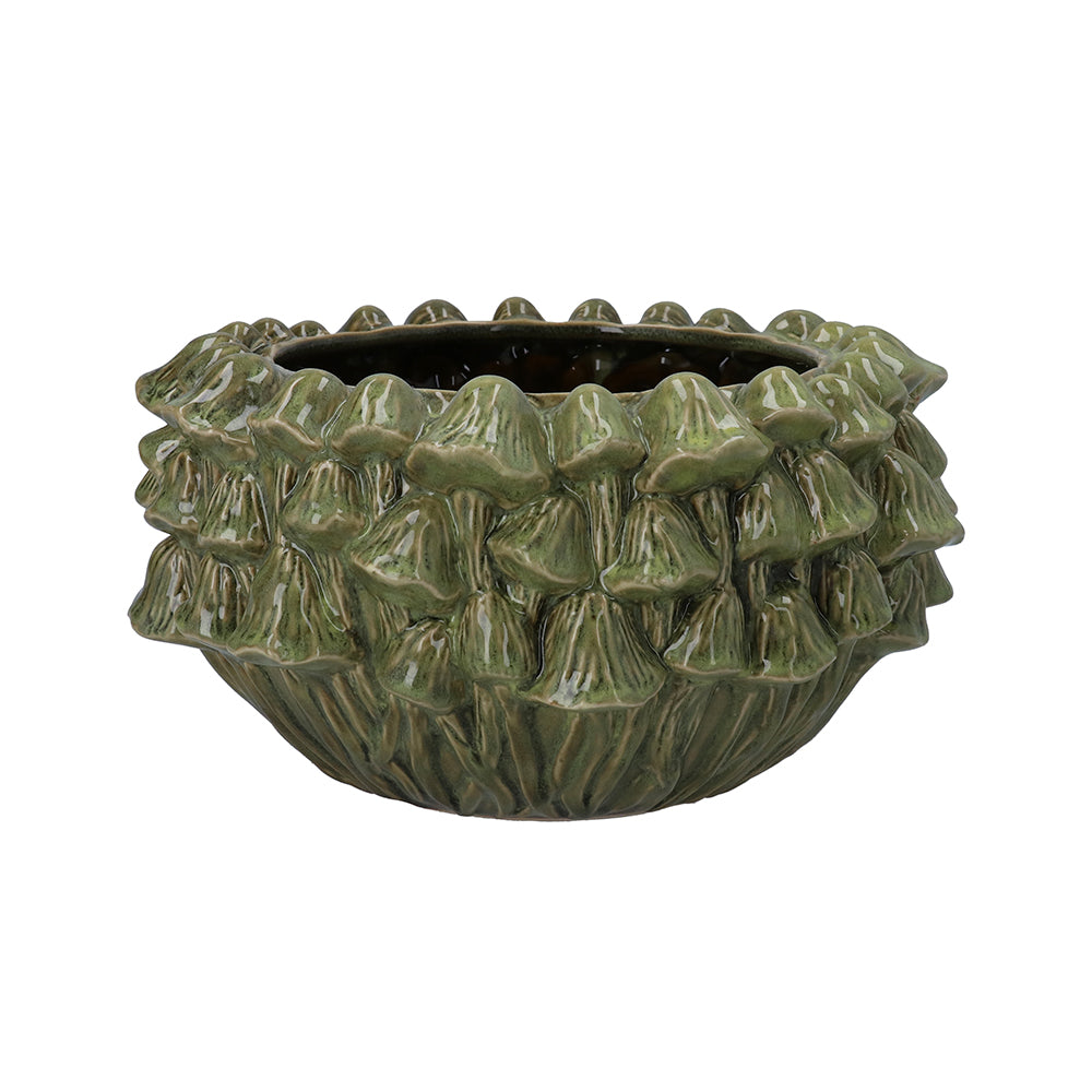 Green stoneware bowl with detailed mushroom heads sculpted around the exterior against a plain white background