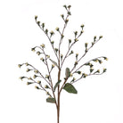 Artificial white gypsum berry spray with textured brown branches and small green leaves against a white background.