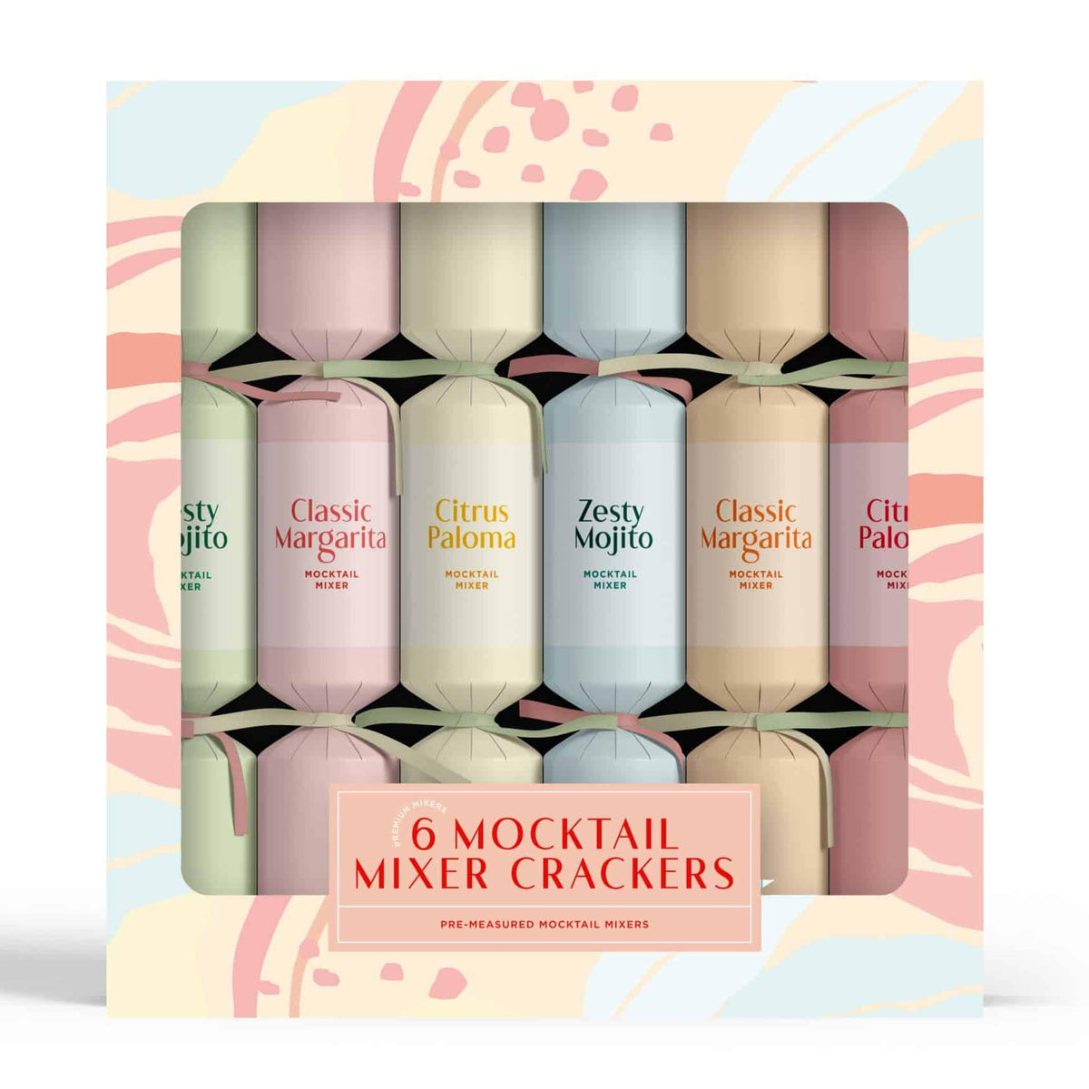 Boxed set of 6 mocktail mixer Christmas crackers in pastel shades of green, pink, cream, and blue.