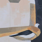 Close-up detail of the Flight of Trust canvas showing the textured paint effects and a white bird resting on a sleeve