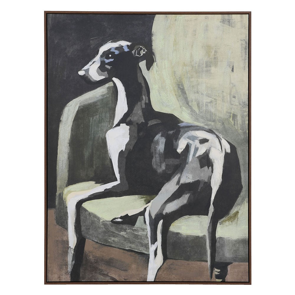 Large portrait of a whippet dog on a canvas print with a slim brown frame
