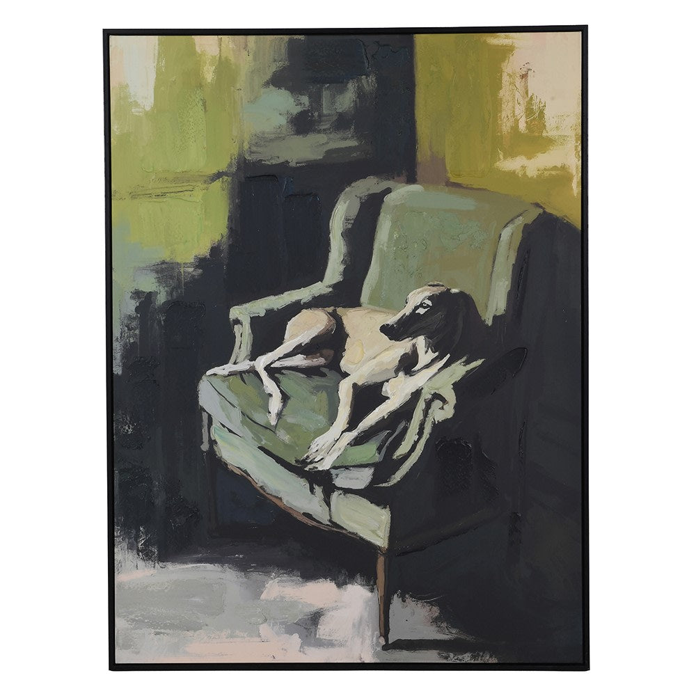 Companion Rest Canvas featuring a stylized greyhound resting on a green armchair in a slim black frame.