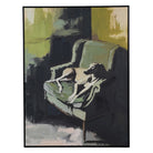 Companion Rest Canvas featuring a stylized greyhound resting on a green armchair in a slim black frame.
