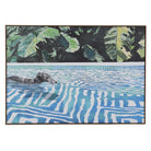 Large landscape Poolside Pooch canvas showing a swimming greyhound in a blue patterned pool with tropical leaves above