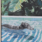 Close-up of the Poolside Pooch artwork showing the textured canvas print and hand-painted style of the swimming dog