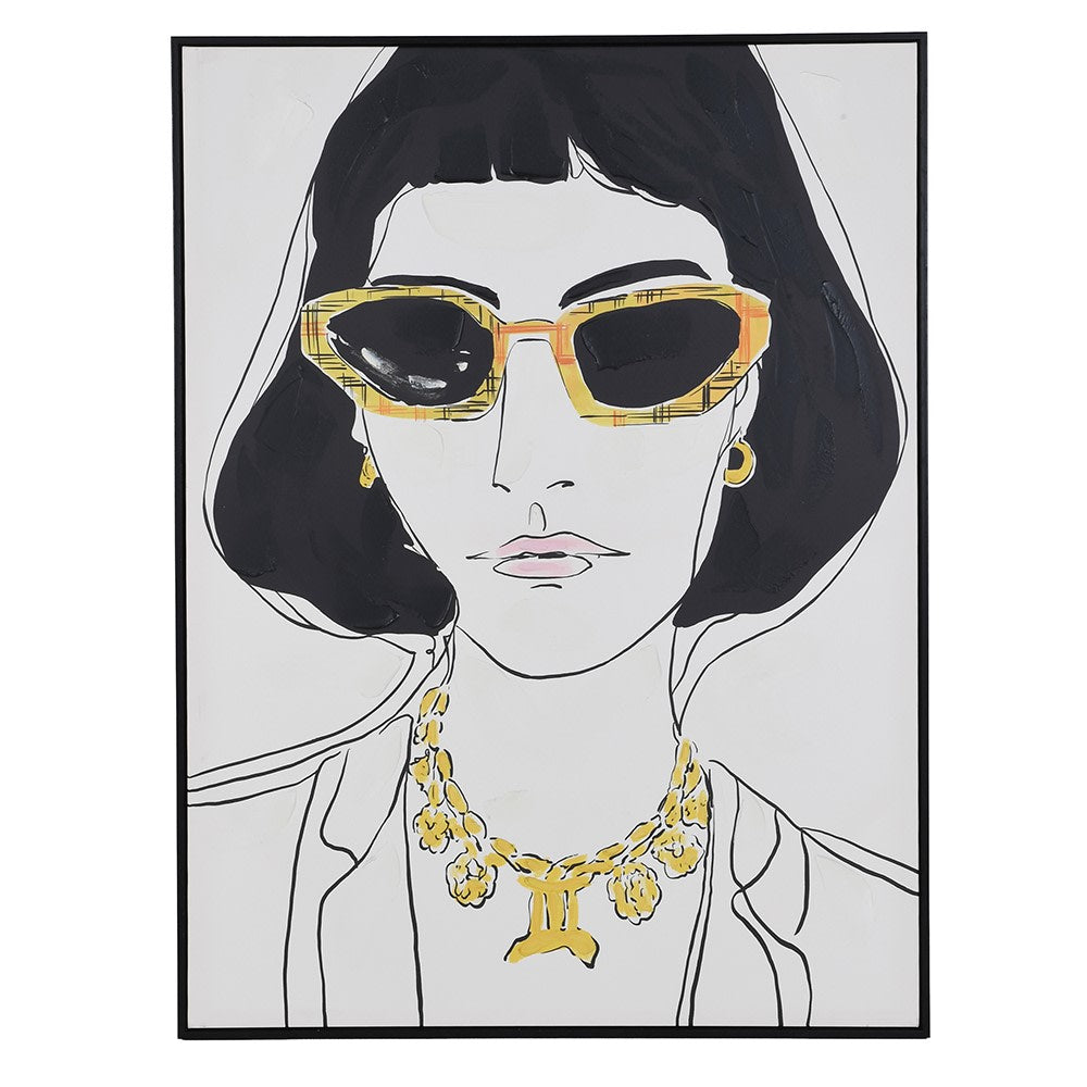 Modern portrait canvas with black bob hair, yellow sunglasses and a gold necklace in a slim black frame.