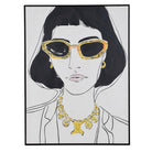 Modern portrait canvas with black bob hair, yellow sunglasses and a gold necklace in a slim black frame.