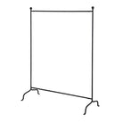 Angled view of a black hammered metal freestanding coat rail with ball finials and curved feet.
