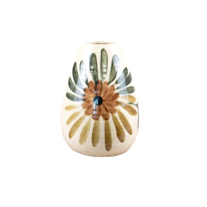 Hand-painted ceramic vase with yellow and green floral motif on a cream glazed background