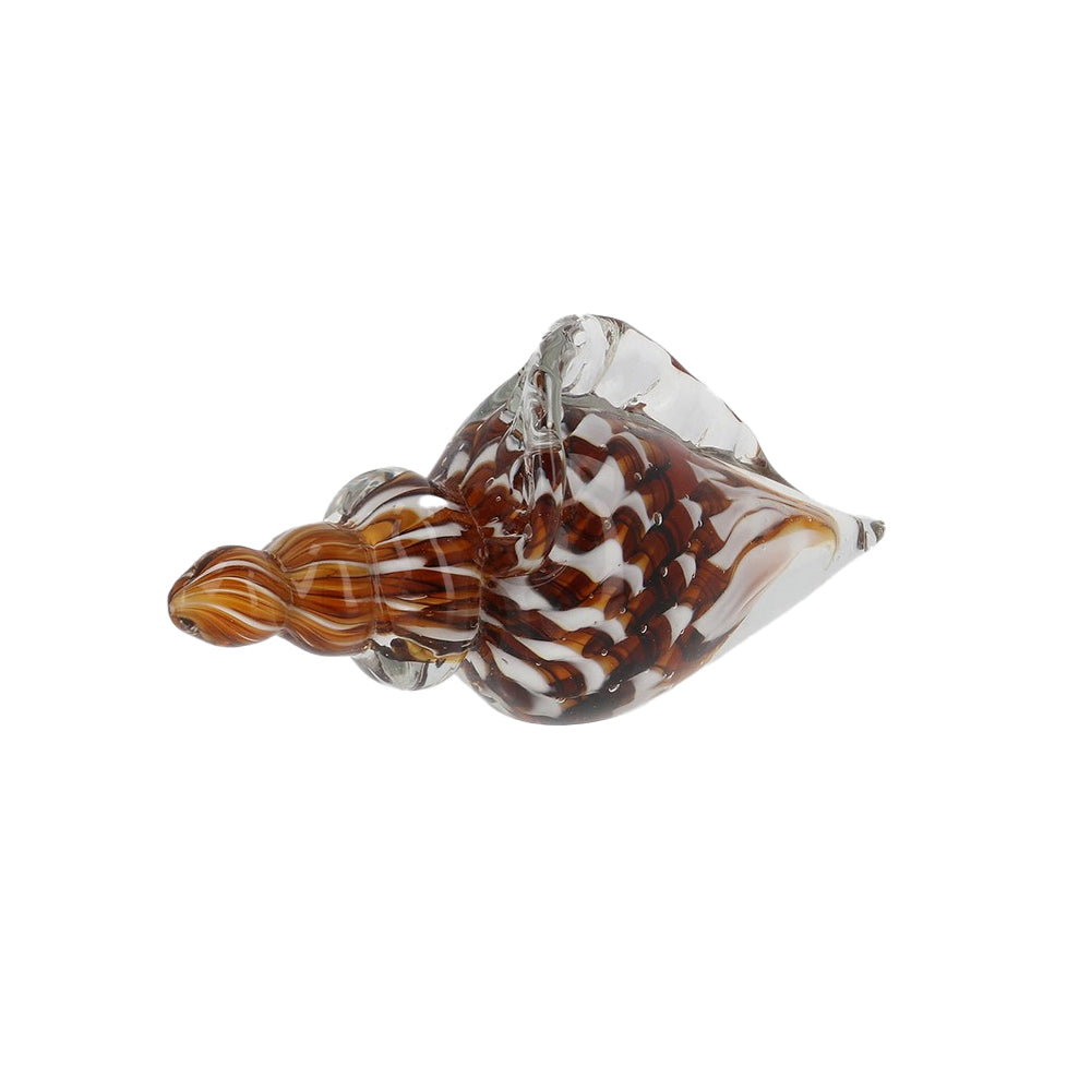 Handmade glass conch shell ornament with brown and white internal swirls against a white background