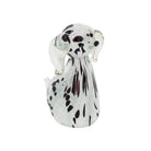 Side profile of a handmade glass Dalmatian ornament with clear ears and dark spots