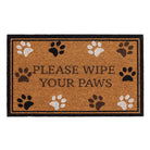 Rectangular brown doormat featuring paw print patterns and 'Please Wipe Your Paws' text with a black border.