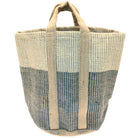 Natural jute storage basket with cream and grey stripes and integrated wrap-around handles.