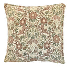 Jenny Wren cushion featuring a detailed green and terracotta floral and bird pattern on a neutral background.