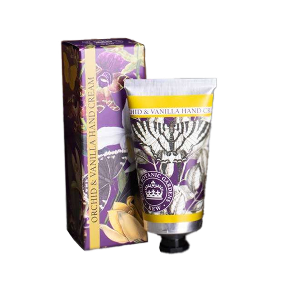 Orchid and Vanilla hand cream tube and illustrated box with purple floral and butterfly patterns