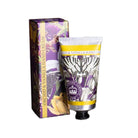 Orchid and Vanilla hand cream tube and illustrated box with purple floral and butterfly patterns