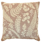 Square birch-coloured cushion with cream embroidered botanical leaf and fern patterns.