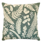 Square eucalyptus green cushion with cream embroidered botanical leaf and fern patterns.