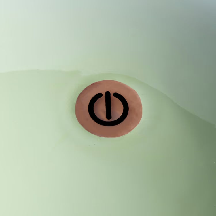 Close-up of the rose gold circular power icon on top of the sage green lamp shade