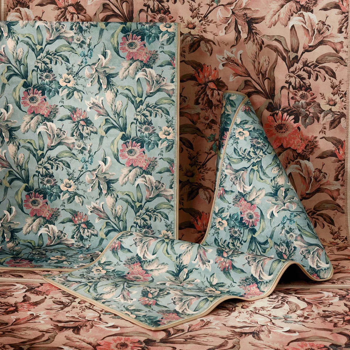 Grouped rugs and runners in the Lys Blue floral botanical print