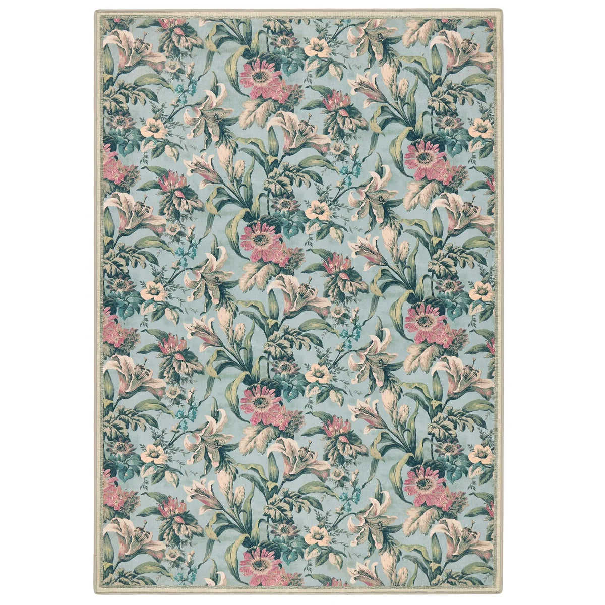 Floral pattern rug with lilies on a soft blue background