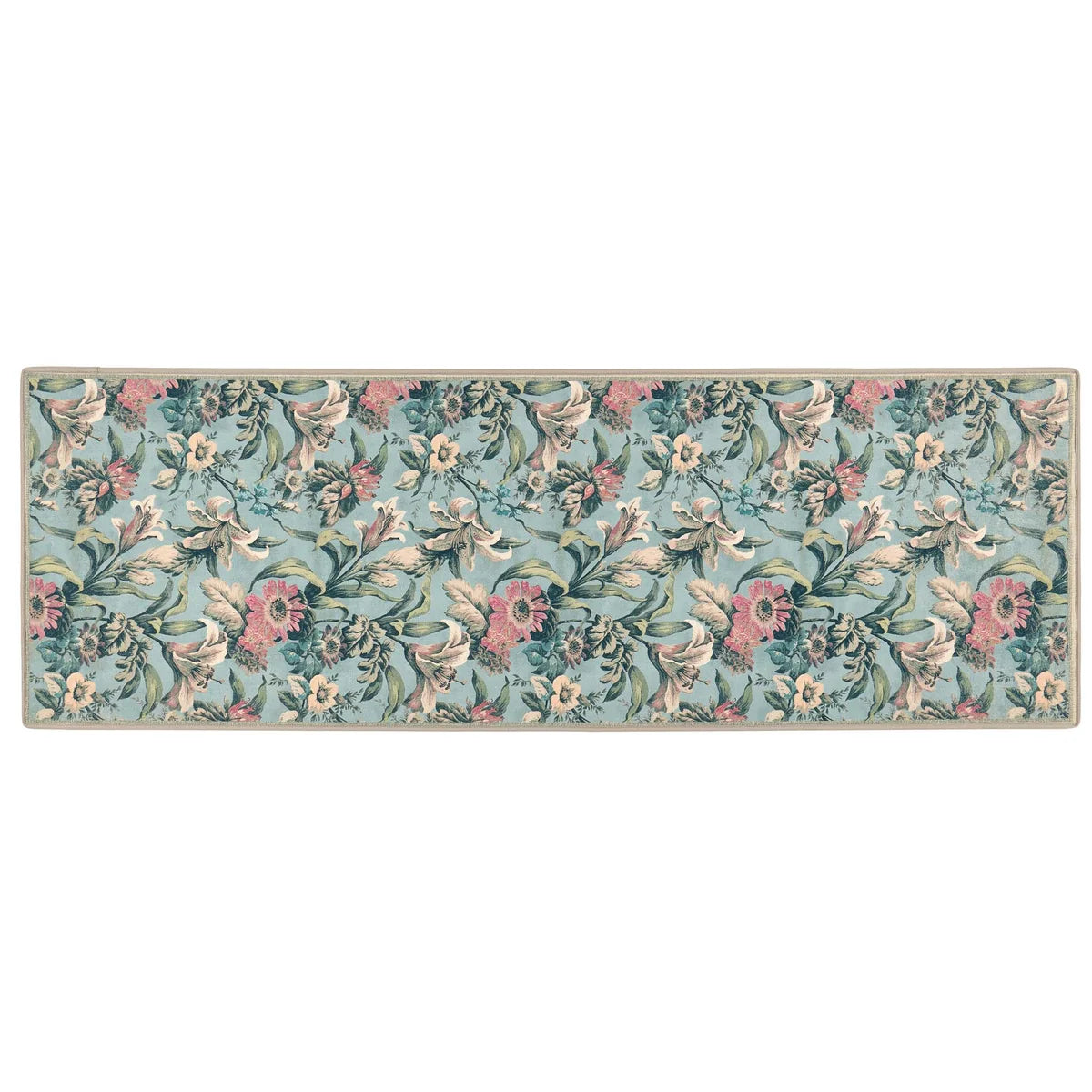 Narrow runner rug featuring a repeated botanical lily pattern