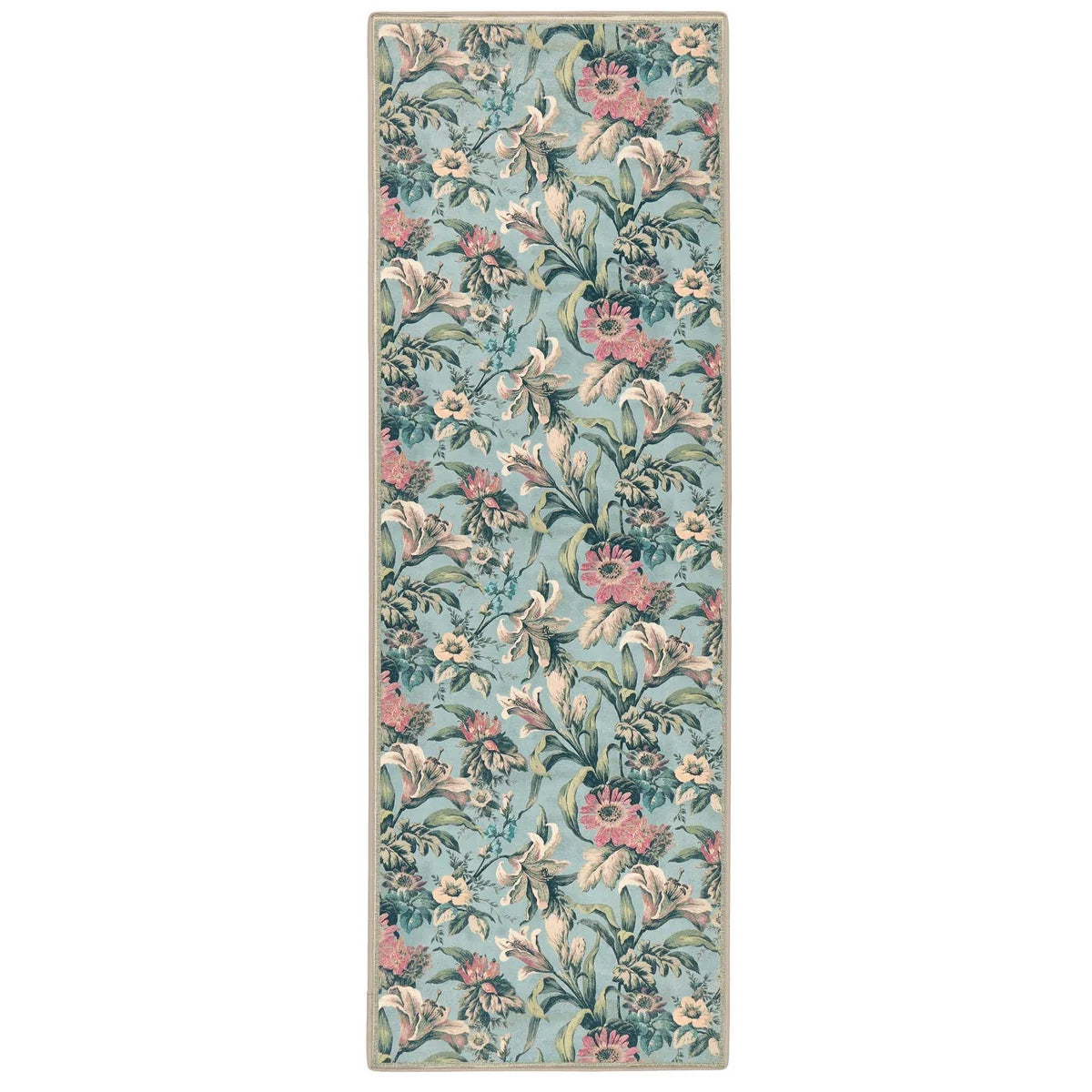 Full-length view of the Lys Blue botanical runner rug