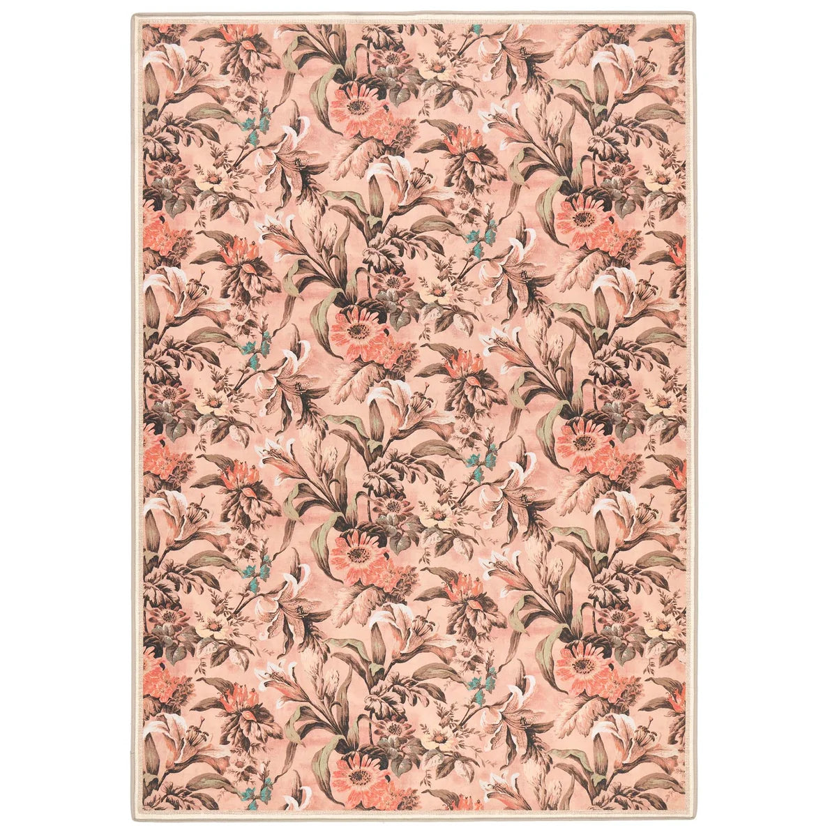 Overhead view of the Lys Pink rug showing a repeating floral pattern on a plaster pink ground.