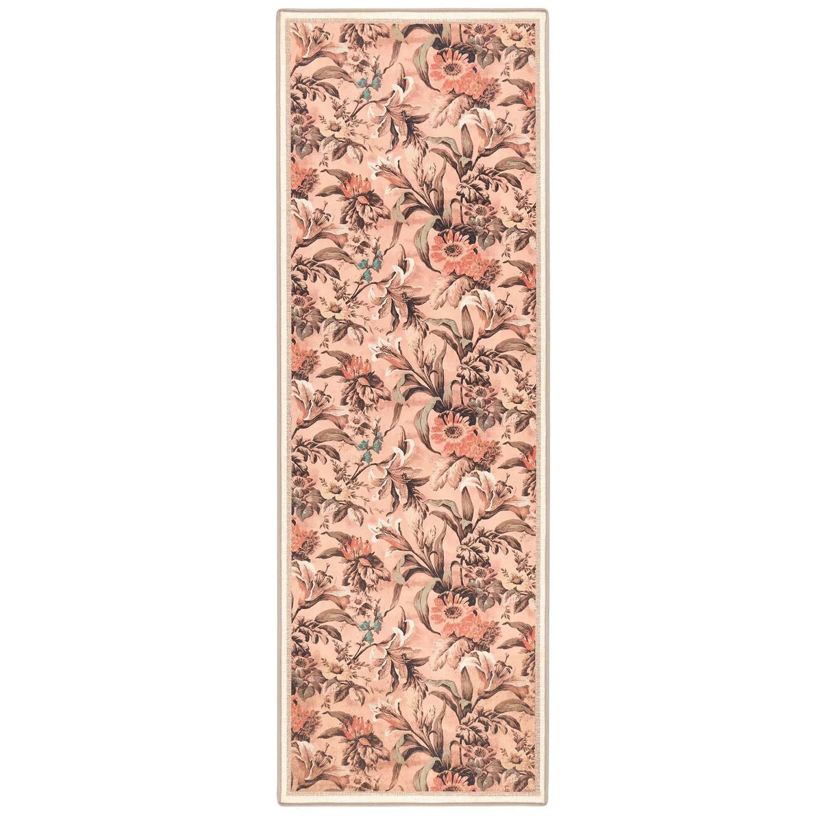 Full-length view of the Lys Pink runner rug with hand-painted botanical motifs.