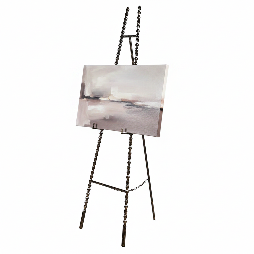 Antique gold beaded easel displaying a landscape abstract canvas painting.