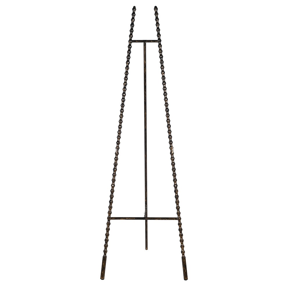 Front-facing view of the tall antique gold metal easel showing the beaded frame.