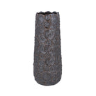Large metallic brown stoneware vase with unique mushroom detailing and a tall slender silhouette against a white background