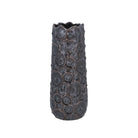 Textured metallic brown stoneware vase with raised mushroom cap motifs and a scalloped rim.