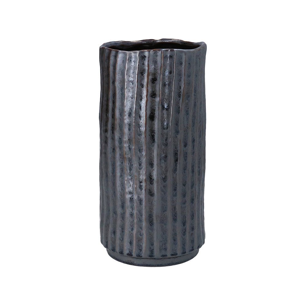 Metallic stoneware medium vase with contemporary vertical ribbing and a dark lustrous finish