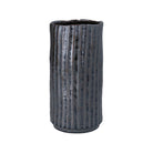 Metallic stoneware medium vase with contemporary vertical ribbing and a dark lustrous finish