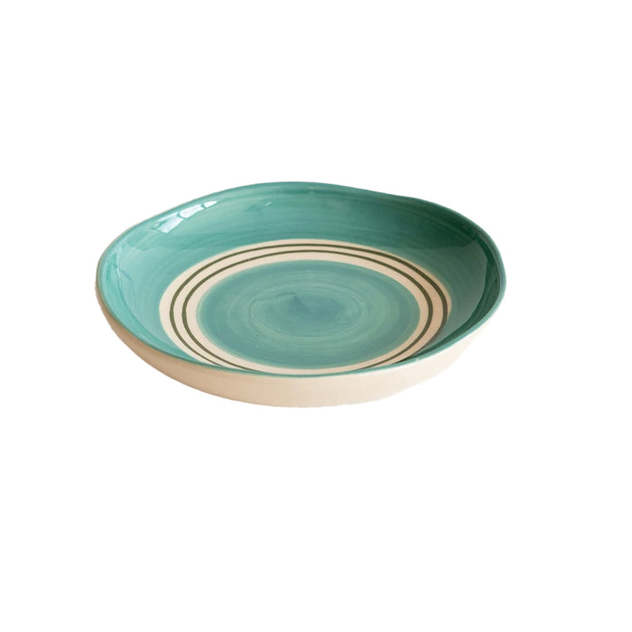 Small mint green tri-colour nibble plate with a concentric swirl pattern and cream exterior.