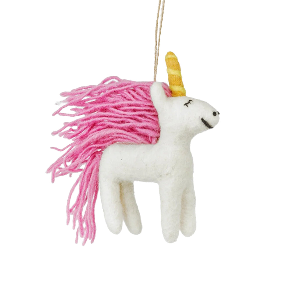 Handmade white felt unicorn hanging decoration with a bright pink yarn mane and golden spiral horn.