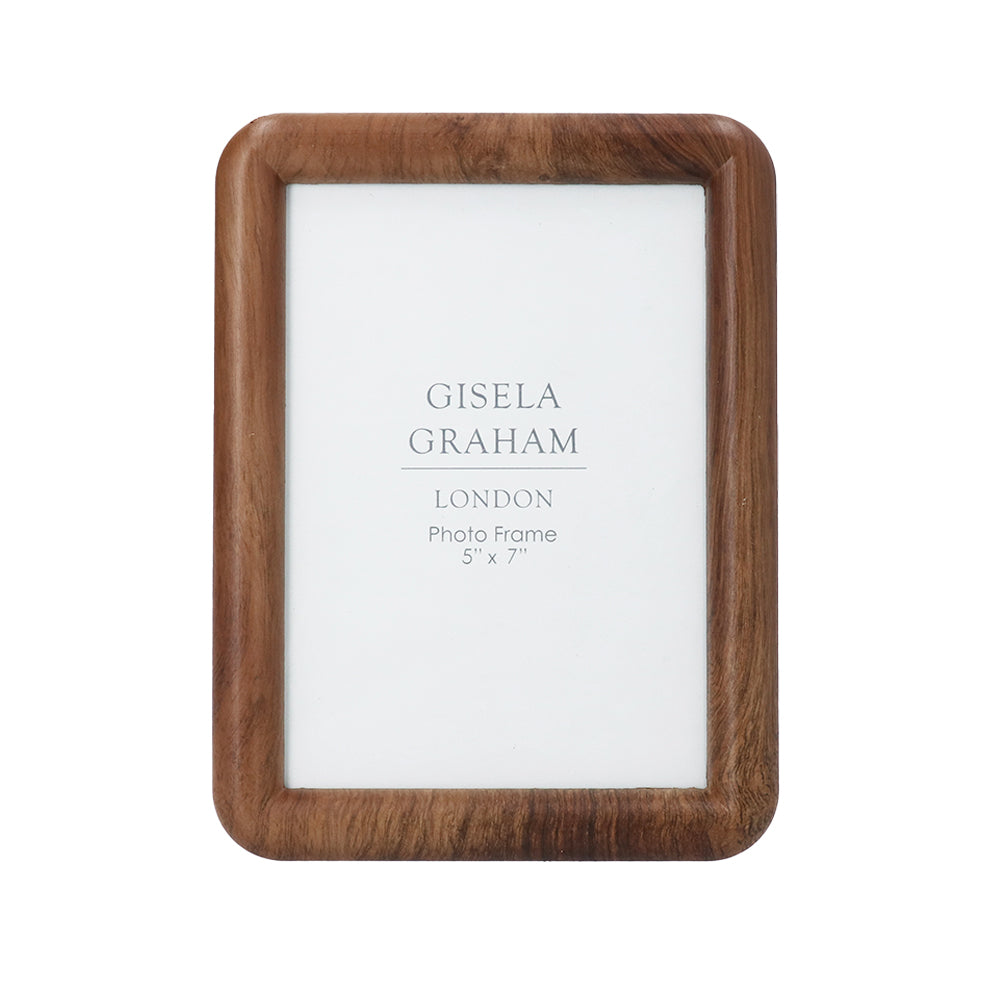 Vertical natural wood photo frame with a smooth rolled edge and visible grain, displaying a 5x7 inch placeholder.
